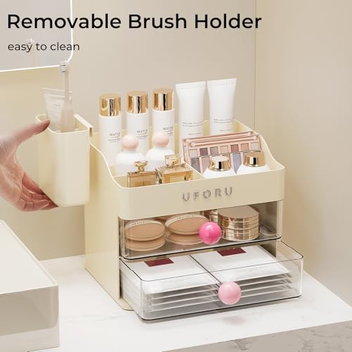 Image of UFORU Makeup Organizer for Vanity with Brush Holder, Countertop Skincare Organizer with 2 Drawers, Spacious Cosmetic Display Case for Perfumes, Eyeshadow Palettes, Nail Polishes