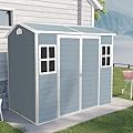Resin Outdoor Storage Shed with Floor, All-Weather Outdoor Shed with Lockable Door, Window & Sloped Roof, Double Window, Plastic Outside Tool Storage for Garden, Backyard, Patio, Lawn (Grey, 4×8FT)