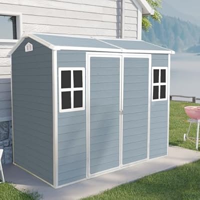 Resin Outdoor Storage Shed with Floor, All-Weather Outdoor Shed with Lockable Door, Window & Sloped Roof, Double Window, Plastic Outside Tool Storage for Garden, Backyard, Patio, Lawn (Grey, 4×8FT)