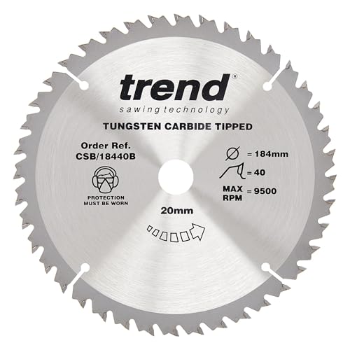 Trend Wood Circular Saw Blade, 184mm Diameter, 20mm Bore, 40 Teeth, 2.6mm Kerf, +15° Hook, TCT, Fine Finish, CSB/18440B
