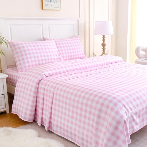 MICORAL Queen Sheet Set Pink Gingham Plaid, 4-Piece Brushed Microfiber Cute Grid Bed Sheets, 16" Deep Pocket, Ultra Soft & Cooling Sheet, Oeko-TEX Certified, Light Pink by MICORAL - Used condition - US$20.73