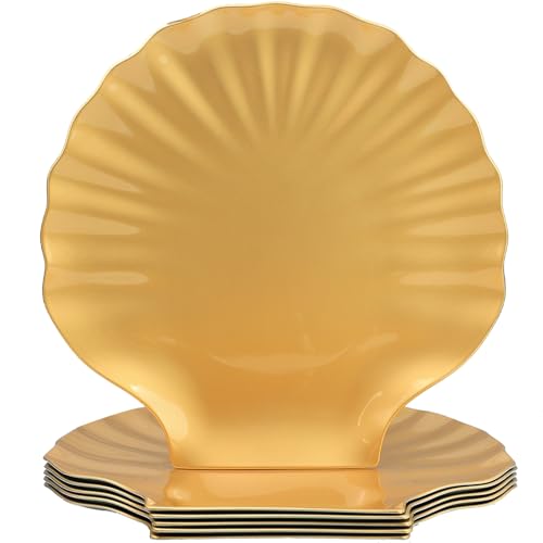 Spsyrine Gold Charger Plates, 13" Set of 6 Scalloped Seashell Plastic Table Chargers for Dinner Plates, Wedding, Thanksgiving Christmas Events, Party, Tabletop Decor.