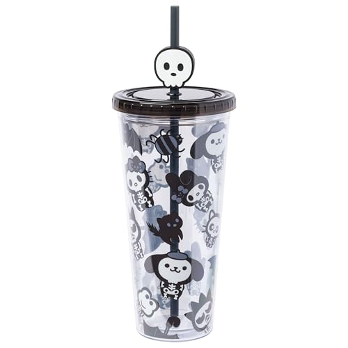 Silver Buffalo Sanrio Hello Kitty And Friends Spooky Halloween Plastic Cold Cup with Lid and Straw Topper Featuring Hello Kitty, Badtz Maru, Purin, Keroppi, and Chococat, 24 Ounces