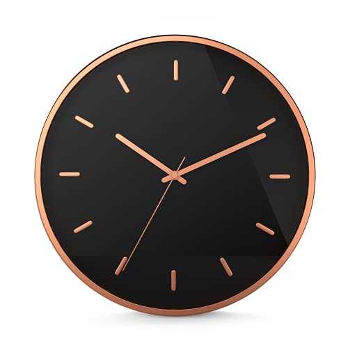 Driini Modern Rose Gold Analog Wall Clock (12 Inch) - Aluminum Frame And Hands - Minimalist Tick Marks On Black Face - Contemporary Decor For Office, Living Room, Kitchen, Or Bathroom #TOP2