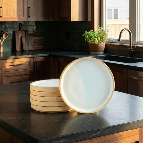 Image of BLACKCARROT Ceramic Quarter Plates Small Dinner Plates Set of 6 Handcrafted Stoneware Beige and White | Serving Platter for Snacks & Dessert Microwave and Dishwasher Safe -Size 7.5 Inches