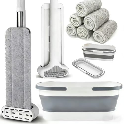 Bucket with Wringer Set, 6 Piece Microfiber Flat Mop Cleaning