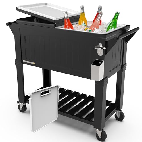 Permasteel Party Cooler with Divider, Spacious 80-Qt Capacity, Chills 36hrs, Serving Tray, Rolling Ice Chest for Indoor and Outdoor Entertainment, Matte Black