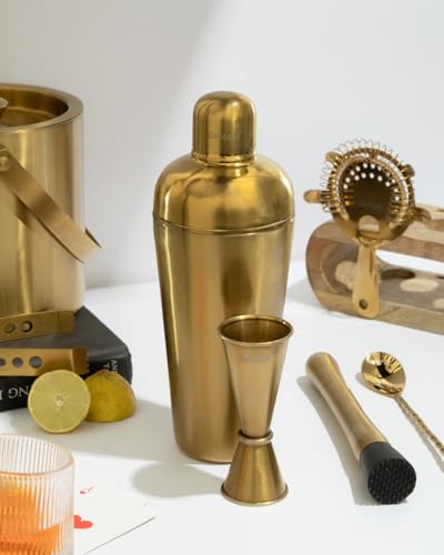 Image of Car-O-Bar Gold Bar Set with Stand |10 pc Bartender kit for Home & Bar: Cocktail Shaker, Bar Spoon, Jigger, Muddler, Strainer, Wine & Beer Bottle Opener, 2 Pour Spouts, Tong, Wooden Stand with Handles