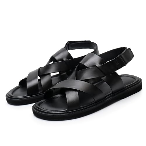Men's Leather Sandals With Hook And Loop Summer Open Toe Dress Sandals Comfortable Beach Slippers