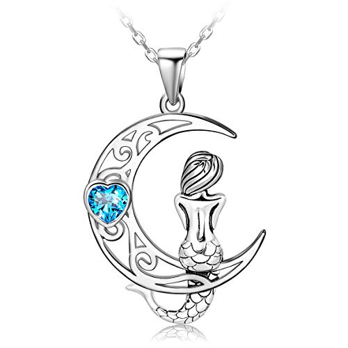 Distance 925 Sterling Silver Classic Sea Mermaid Crescent Moon Necklace Pendant Valentine's Gifts Jewelry for Girls Women Daughter