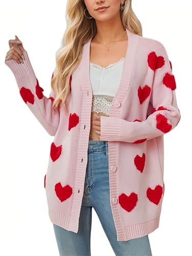 Image of Women Love Heart Graphic Oversized Sweaters Valentine Cute Cardigan Open Front Button Kawaii Preppy Aesthetic Clothes