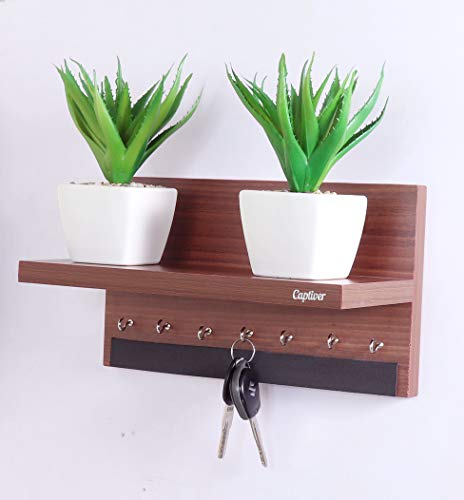 Image of Captiver Engineered Wood Wall Mount Key Holder with Storage Shelf (7 Hooks, Teak) Home Office Living Room Bedroom Antique Decor Items Keyholder