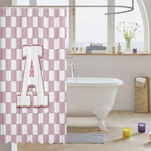 Image of Erosebridal Pink Initial A Bathroom Accessories Kawaii Plaid Checkered Shower Curtain Cute Personalized Monogram Bathroom Curtain for Kids Girls 72 inch Wx72 L Fashion Grids Gingham Shower Decor