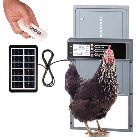 NyPots Automatic Chicken Coop Door Solar Powered, LCD Display Automatic Chicken Door with Timer & Light Sensor Mix 4Modes, Aluminum Alloy Chicken Door, Range 20M Remote Control Solar Chicken Coop Door Cover