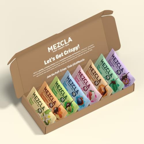 Mezcla Puff-Crispy Plant Based Protein Bars - Variety Pack - Healthy Snacks for Adults & Kids - Granola Bars for School Travel & Office Snacks - Gluten Free Vegan Non GMO 10g Protein - 8 Count