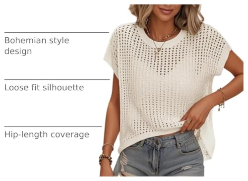 Image of Womens Summer Crochet Tops Hollow Out Cap Sleeve Cover Up Tank Top Pullover Sweater Vest Beach Vacation Clothes