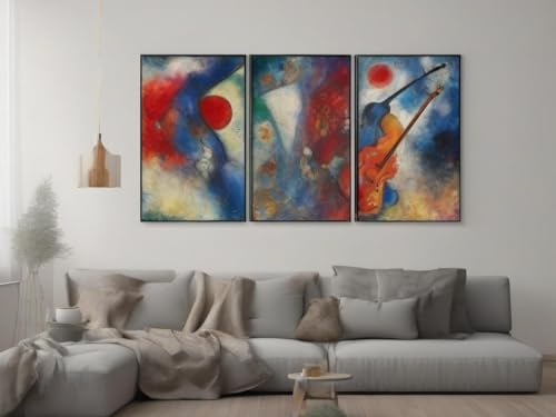 Poster abstrait Chagall avec guitares pour un salon moderne et design triptyque mural A4