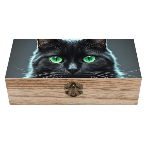 Caja de madera para joyas con diseño de gato negro y ojos verdes, cofre grande de madera con tapa abatible, estuche para guardar fotos para hombres y mujeres, caja de madera para recuerdos, 7.9'' x