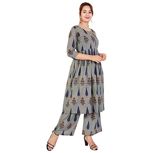 Image of Women's Kurta with Palazzo Set Fabric Cotton and Printed -Grey Color