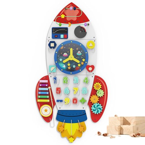 Image of BlueWood Wooden Wall Busy Board Panels, Toddler Learning Activity Center, Montessori Philosophy Sensory, Educational Toys, Conducive to All-Round Development - Rocket