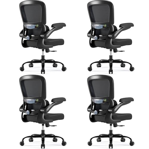 Image of TRALT Ergonomic Office Chair - Desk Chair with Adjustable Headrest Lumbar Support Computer Chair - Mesh Comfy Chair with Flip-up Armrests - Gaming Chair for Adults Home Office PU, Black, Pack of 4