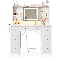 ODK Vanity Desk with Movable LED Mirror and 8 Drawers, Dressing Table with Built-in USB Power Outlets & RGB Light Strip, Vanity Table with 4-Layer Adjustable Shelves, White Makeup Desk 11040137cm