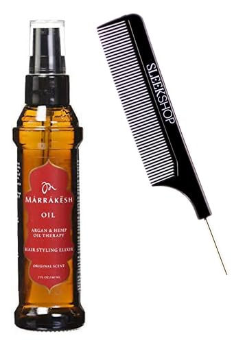 Short SIeekshop Steel Pin Rat Tail Comb - 2 oz, Includes Marrakesh Oil Hair Styling Elixir Original Scent (Argan & Hemp Oil Therapy)