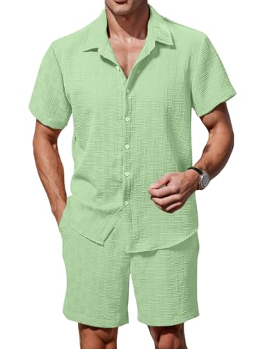 Image of GRECIILOOKS Men'S Summer Casual Two Piece Outfit, Textured Button Down Shirt and Shorts Set, Lightweight Poly Blend Co-Ord for Beach, Travel & Lounge Wear