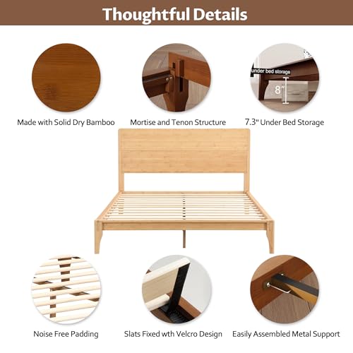 Image of Merax Queen Size Bamboo Platform Bed Frame with Tall Headboard, Natural | Mid-Century Modern Solid Sustainable Bedframe Queen-Size, Wood Slat Support, No Box Spring Needed, Easy Assembly, Noise Free