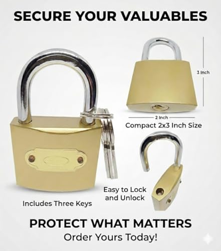 Image of ZEN METALS | 63 mm Padlock with 3 Keys | Pack of 2 | Lock for Main Door, Gate, Shops, Office, | Golden Finish | Hardened Shackle Padlock | Heavy Duty