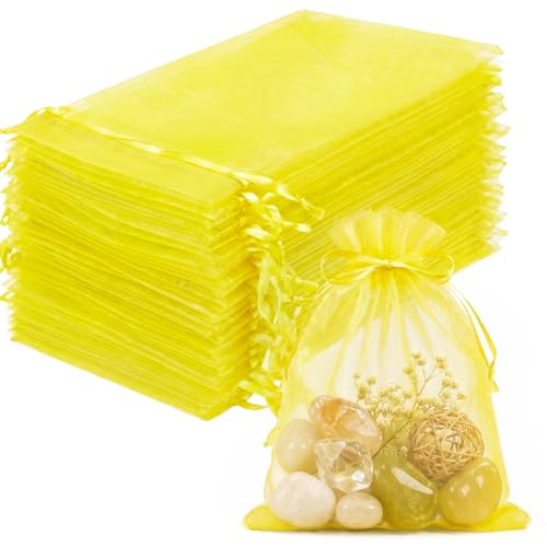 Image of FUNFERY 100PCS Lemon Yellow Sheer Organza Bags 3x4 in, Goodie Bags Bulk | Small Mesh Gift Bag with Drawstring for Wedding Party Favor, Drawstring Pouch for Jewelry, Sachet Bags for Treat, Candy, Soap