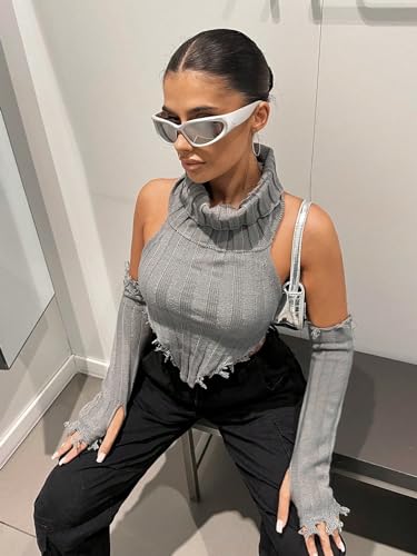 Image of GORGLITTER Women's Turtleneck Sleeveless Asymmetrical Hem Crop Sweater Vest with Arm Sleeves Grey X-Small
