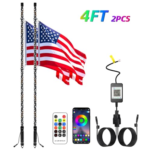 2PCS 4FT Whip Lights, LED Whip Light with App & Remote Control, Spiral RGB Chasing Lighted Antenna Whips,Whip Light for UTV ATV RZR SXS Can-Am Dune Buggy Offroad Truck (4ft)