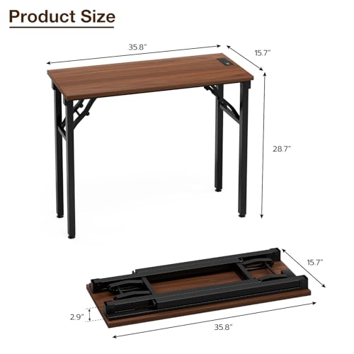 Image of TEMI Small Computer Desk Folding Table - No Assembly, Compact 35.8 inch Foldable Desk with Power Outlets & USB Charging Port, Portable Small Office Desk, Ideal Mini Study Table for Narrow Spaces, Walunt