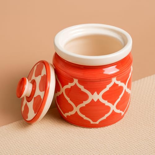 Image of Ceramic Jars (1000 ML) - Handcrafted Multipurpose Barni with Lid for Pickle, Chutney, Spices, Salt, Sugar - Kitchen Storage Containers, Red White