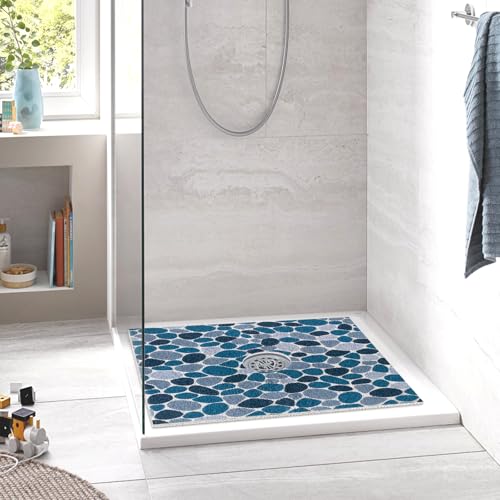Image of Square Shower Mat Non Slip: 24 x 24 Inch Shower Mats with Drain Hole in Middle - PVC Loofah Anti Slip Shower Floor Matt for Inside Shower
