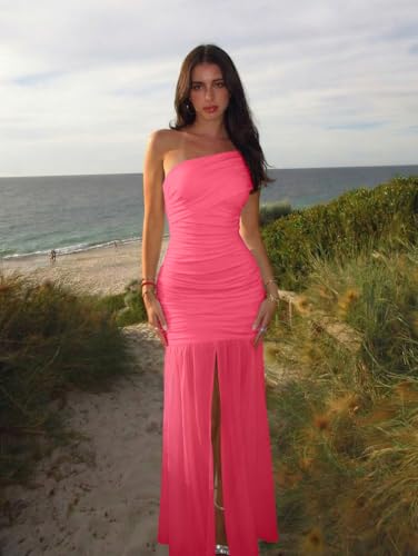 Image of LAGSHIAN Women's Elegant Formal Long Dress One Shoulder Sleeveless Ruched Bodycon Evening Dress