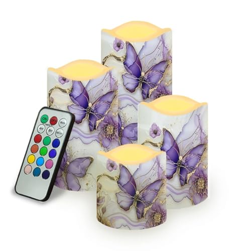 Image of Purple Butterfly LED Pillar Candles Bulk Set of 4 with Timer Remote Color Changing Electric Fake Candles for Home Decorations