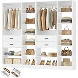 iSunirm 80'' Freestanding Closet System with 26 Storage, 6.6FT Stand-Alone Wardrobe with 4 Wood Drawers, Garment Organizer System, 80 Garment Rack with 2 Hanging Rods, White (24'L x 15' W x 80' H)