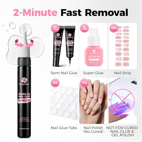 Image of Luckyfairy 15g Nail Glue for Press Ons with 10ml Nail Glue Remover, Quick Dry Super Strong Semi Solid Glue, No Need Lamp Cured & Tools, Gentle Glueoff Non-Acetone Nail Polish Remover