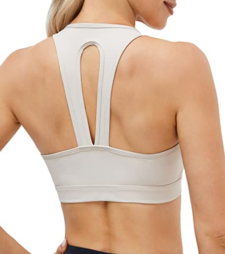 Image of Oalka Women's Racerback Sports Fitness Support Workout Running Bras Open Back Khaki Sand M