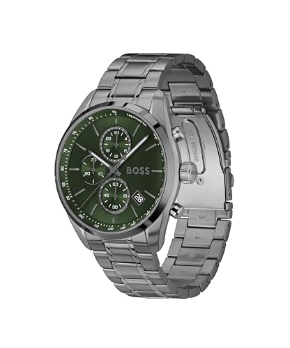 Image of BOSS Grand Prix 44 Qtz Fashion Chrono Green Round Dial Men's Watch|Ionic Plated Grey Steel Material|Grey Color Band - 1514228