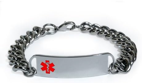 Custom Engraved Medical ID Alert Bracelet with Embossed emblem and wide chain. D-Style, premium series.