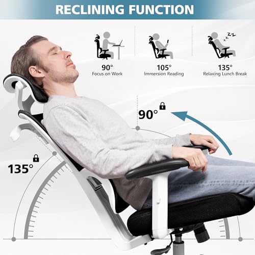 Primy Office Chair Ergonomic Desk Chair, High Back Computer Gaming Chair, Comfy Big and Tall Home Office Chair with Lumbar Support, Breathable Mesh Reclining Chair Adjustable Armrests Headrest(White) - Thumbnail 4