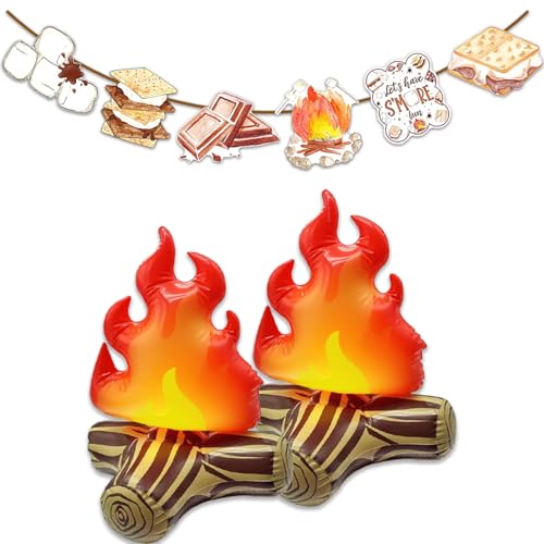 Camping Party Decor Set,Camping Themed Party Decorations Banner, Assembled Smore Banner ,2 Inflatable Campfire Dbl Sided Tape Rope for Birthday Baby Shower Natural Style