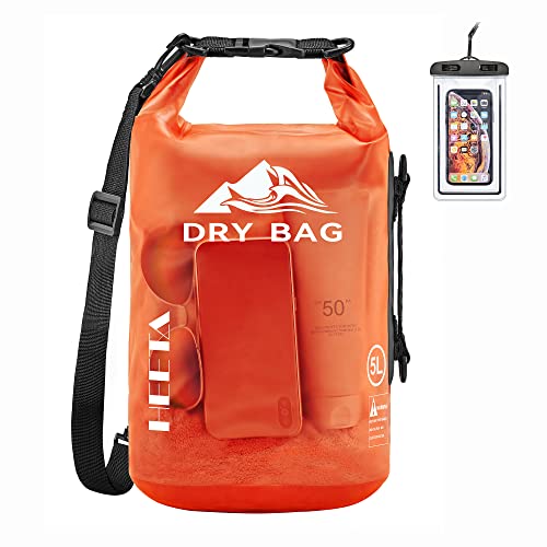 HEETA Waterproof Dry Bag for Women Men, Roll Top Lightweight Dry Storage Bag Backpack with Phone Case for Travel, Swimming, Boating, Kayaking, Camping and Beach, Transparent Orange 5L