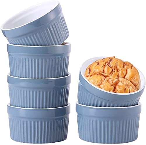 Bols de ramequins, 6 paquets de 8 oz ramequins en porcelaine bols ramequins en céramique pour la cuisson, le pudding, le fromage, le soufflé à la crème, la crème glacée (Bleu de l'espace, 8 Oz)