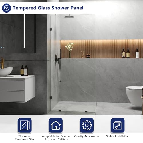Image of DeerValley 34 inchx74 inch Shower Glass Panel, 5 /16'' (8mm) Thick Fixed Glass Shower Panel, Frameless Shower Screen for Walk in Shower, Tempered Glass Half Door with Stainless Steel Clamps (Black)