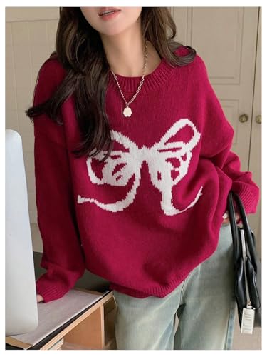 GORGLITTER Women's Bow Cute Sweater Long Sleeve Drop Shoulder Crew Neck Trendy Knit Sweaters with Bows4
