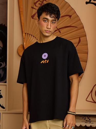 Image of The Souled Store Naruto Shippuden: Pain Men and Boys Short Sleeves Round Neck Black Graphic Printed Cotton Oversized T-Shirts